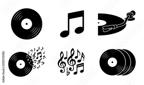 Tableau sur toile Retro Vinyl Records and Musical Notes Vector Icons Set, Vintage Audio Playback S