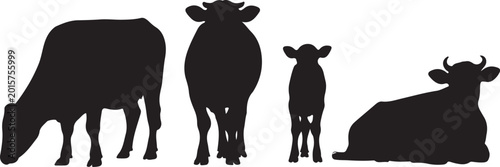Obraz na plátne Four black cows in different poses silhouette style