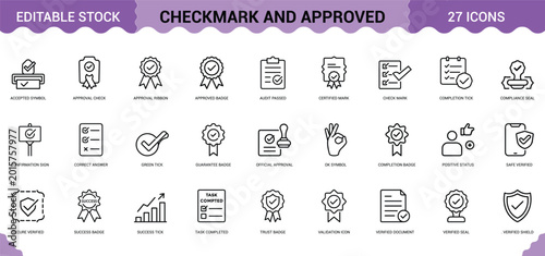 Obraz na plátne Checkmark and approved flat line icon set for quality control validation and digital verification