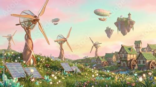 Solarpunk Renewable Energy Windmills Illustration
