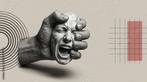 Surreal digital art of a giant hand crushing a cracked, screaming marble face, representing intense stress, mental pressure, and emotional breakdown in a modern conceptual style.