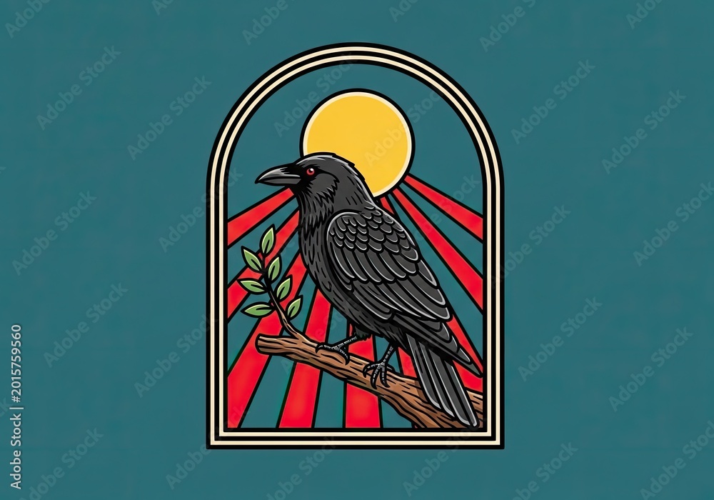 Fototapeta premium Raven perched on branch with retro sun background illustration