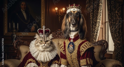 Regal persian cat and afghan hound wearing royal crowns and ornate attire sitting on throne in luxurious interior