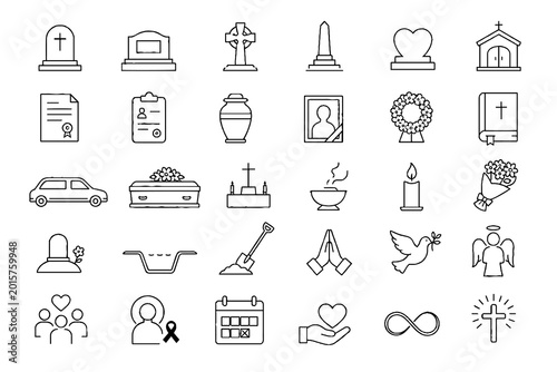 Bild auf Leinwand Memorial and Funeral Line Icon Set with Cemetery, Urn, and Commemoration Symbols