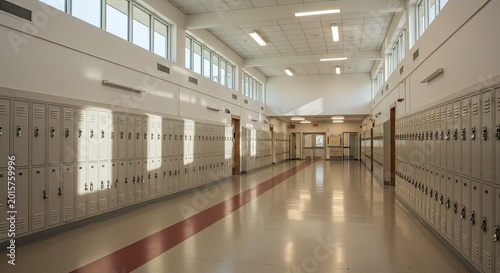 A long empty school hallway with rows of metal lockers lining both sides and a red stripe on the floor leading to a distant door.
