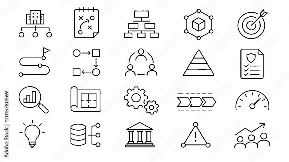 Fototapeta premium Workflow and Business Process Line Icon Set with Planning, Management, and Analytics Tools