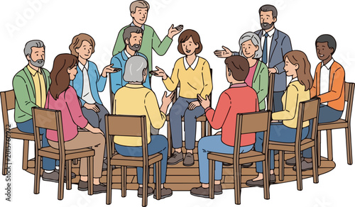 People sitting in a circle on chairs having a discussion indoors