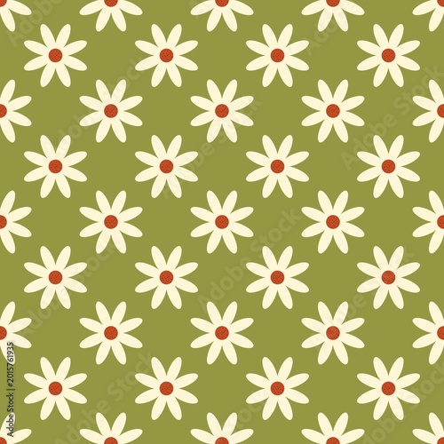 Retro Daisy Flower Seamless Pattern on Olive Green Background