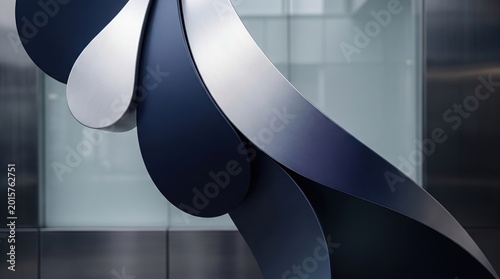 Modern abstract sculpture with metallic curves and blue petals. Contemporary architectural art installation in corporate lobby. Sleek metal sculpture featuring navy blue and silver finishes.