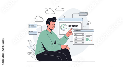 IT professional checking uptime monitoring dashboard with servers and cloud