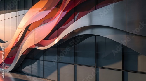 Futuristic architectural facade with flowing orange waves, modern building exterior featuring curved metal panels and glass windows, abstract urban design with dynamic sculptural elements.