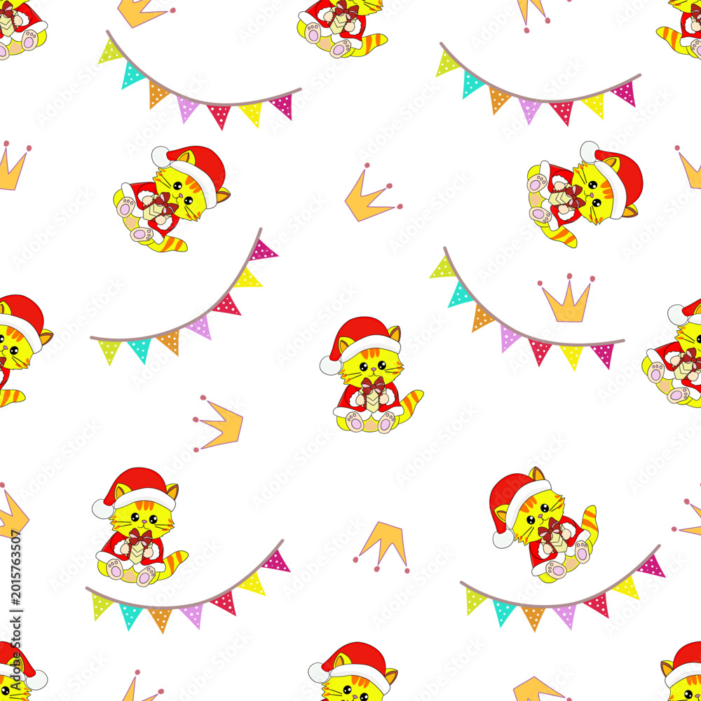 Fototapeta premium Adorable seamless Christmas pattern with cute cartoon cats, Santa hats, gifts, crowns, and festive bunting on pastel background. Perfect for nursery, fabric, wrapping paper, and kids designs.