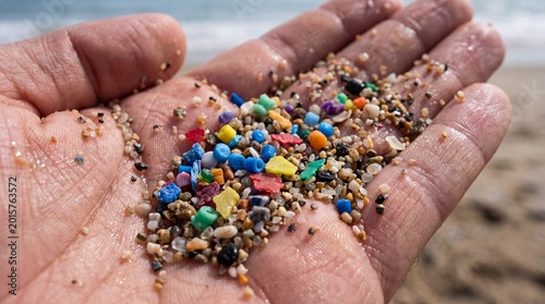 Microplastics in Hand: A close-up view reveals a hand holding a mixture of microplastics and sand. The image brings to light the hidden pollution affecting our oceans and beaches.