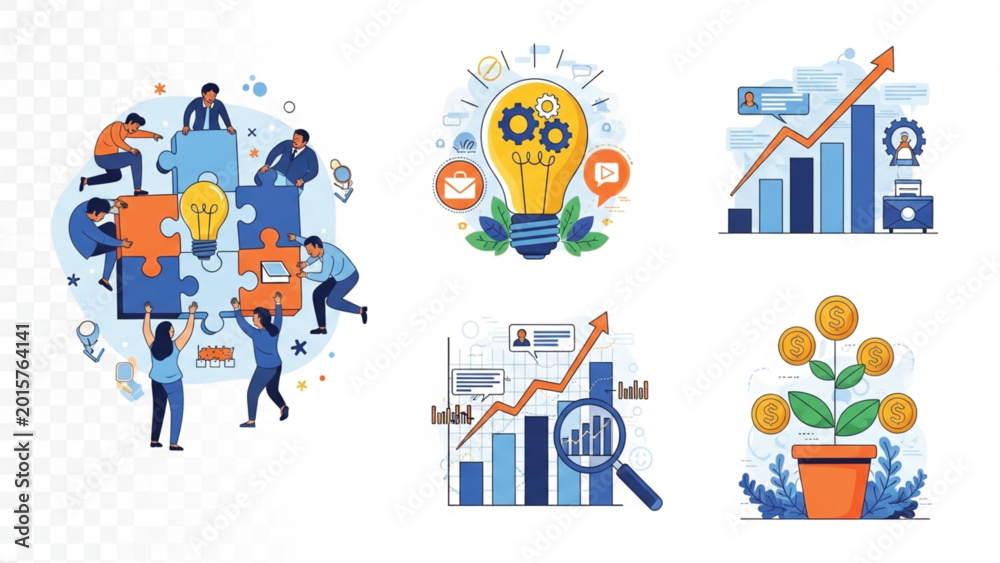 Naklejka premium Business strategy and finance concept with people working together on puzzle pieces and light bulb ideas on transparent background.