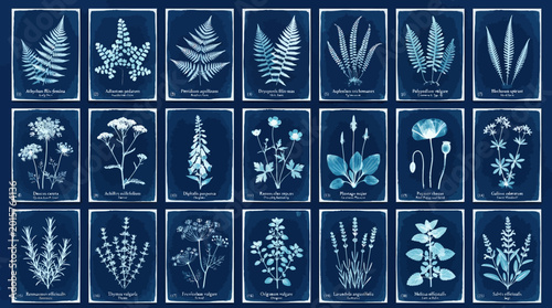 Collection of various botanical cyanotype prints with white outlines on dark blue background