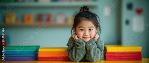 Young Asian girl with black hair wearing a green sweater rests her chin on her hands, colorful books stacked on a table in a bright classroom setting