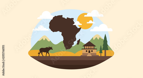 Obraz na płótnie African Landscape Illustration featuring Wildlife and Traditional Architecture