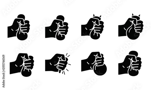 Set of Hand Squeezing Stress Ball Vector Icons. Anger, Anxiety, Relief, Stress Management Concept