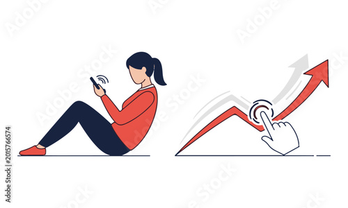 Woman using vibrating mobile phone and hand tapping upward business growth arrow vector illustration