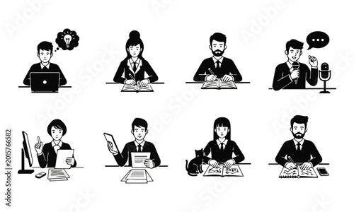Set of Black and White Line Art Business People Working at Desks Vector Icons
