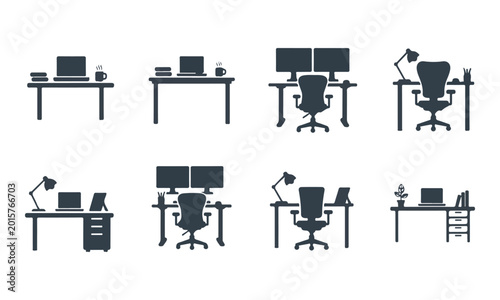 Set of Modern Office Desk and Workspace Vector Icons Collection for Business Design
