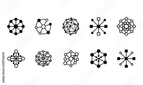 Set of abstract network connection icons. Modern minimalist black and white vector collection.