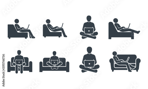 Set of 8 Minimalist Vector Icons: People Working Remotely on Laptops in Relaxed Poses