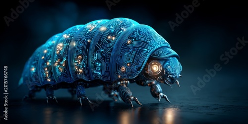 Futuristic Robotic Tardigrade with Glowing Circuit Patterns in a Dark Environment