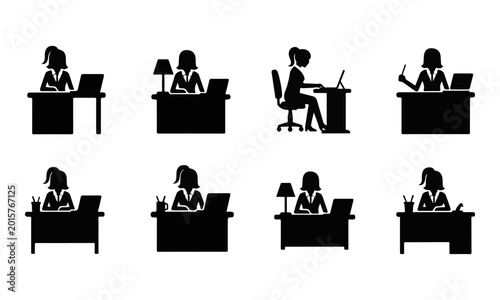 Set of black silhouette icons of women working at desks with laptops, isolated vector illustration.