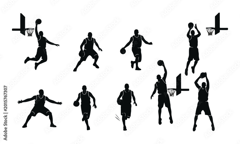 Fototapeta premium Set of Black Basketball Player Silhouettes Vector Graphic Isolated on White