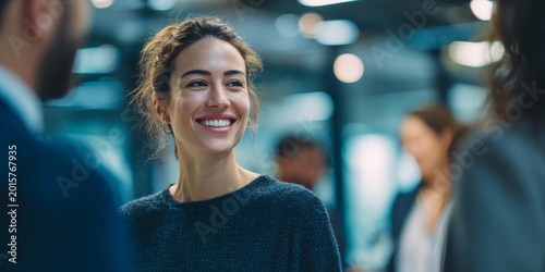 Smiling young woman interacts with colleagues in modern office setting, showcasing professional environment and positive workplace culture
