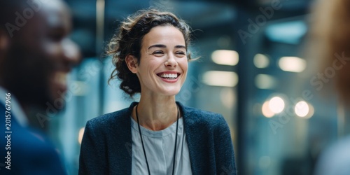 Joyful young woman smiling while engaging in a lively discussion with colleagues in a bright and modern office environment during a professional meeting