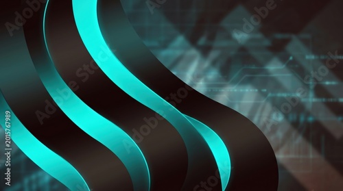 Futuristic abstract background with glowing cyan waves and dark metallic curves. Digital technology backdrop featuring neon teal light trails. Modern geometric wallpaper for tech presentations.