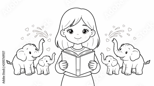 Little girl reading a book happily.