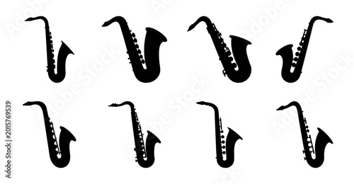 Black saxophone icons in a row - Minimalist vector icons of saxophones arranged in a line, perfect for music or instrument-related projects.