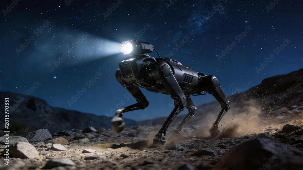 Fototapeta premium Robotic Dog Exploration: A sleek, metallic robotic dog strides confidently across a rugged terrain, its powerful spotlight cutting through the darkness, under a starlit sky.