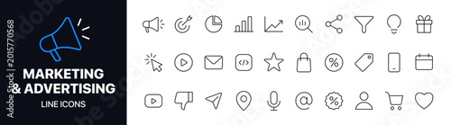 Clean marketing and advertising line icons vector set featuring business, promotion, analytics, and communication symbols. Ideal for web design, apps, presentations, and digital marketing platforms.