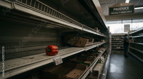Bell pepper rests solitary on a cold metal wire shelf in a largely empty grocery store produce aisle.