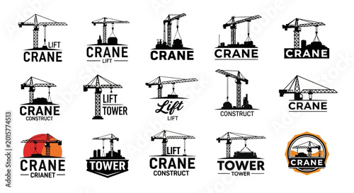 Construction Crane Logos Set: Industrial Lifting Machines, Building Site Equipment Icons