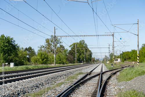 Railway switch tracks with overhead electric lines  railway station Vrbatky, Czech Republic - May 3, 2026 Zeleznicni stanice, vlakova zastavka Nadrazi