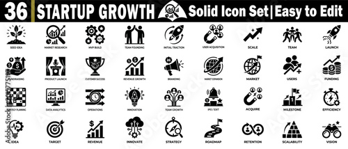 Konstfotografi Startup growth, solid icons, seed idea, funding, fundraising success icons