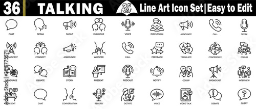 Φωτογραφία Set of thirty six line art talking and communication icons on transparent bg