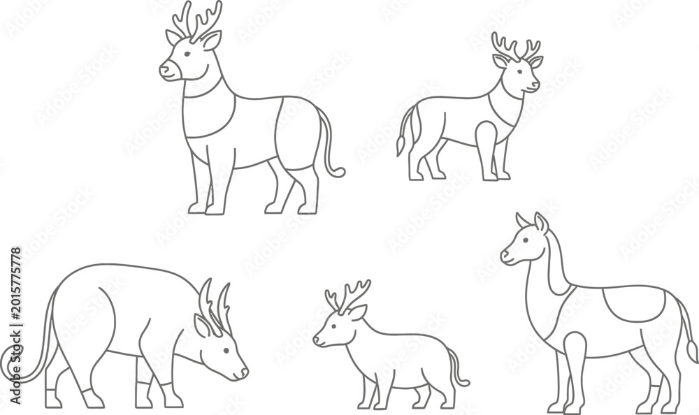 Fototapeta premium Deer, Rhinoceros, Llama and Line Art, Isolated