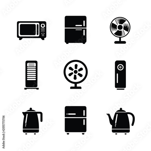 Black icons of home kitchen appliances.