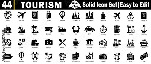 Quadro em tela Tourism solid icon set for vacation planning and global travel guide