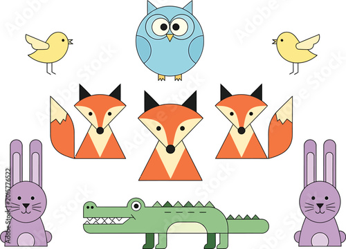Colorful Cartoon Animals Owls Foxes Rabbits Crocodiles Birds