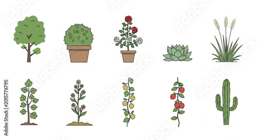 Canvas Print Collection of Pixel Art Plants and Trees Isolated on White.
