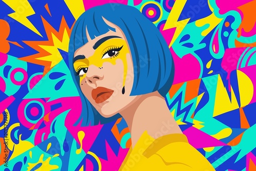 Stylish women with blue bob hair and creative yellow face paint,vibrant pop art vector illustration 