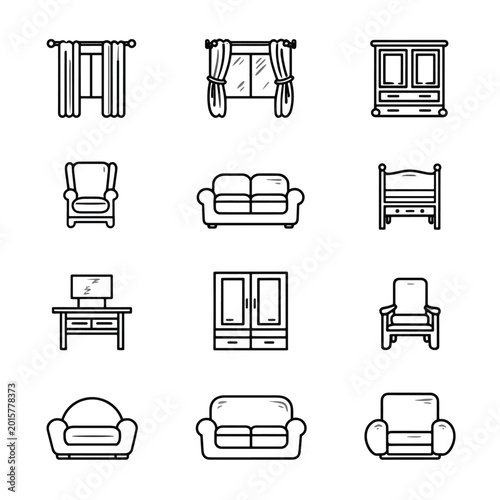 Furniture icons in line style.