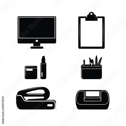 Office supplies and computer equipment icons.